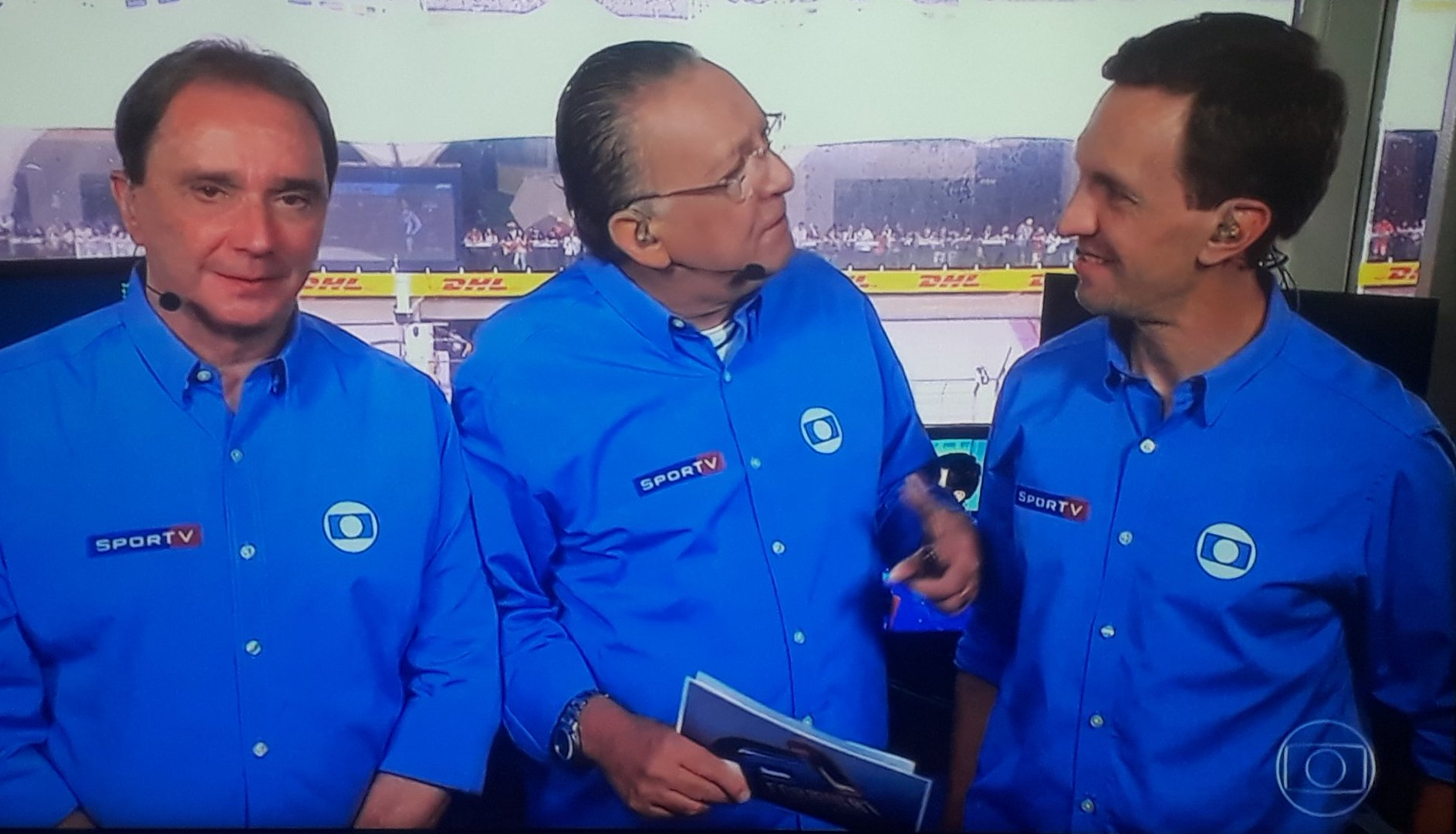 Reginaldo Leme, Galvão Bueno e Luciano Burti na transmissão do GP do Brasil 2019 Foto Reprodução/TV Globo)
