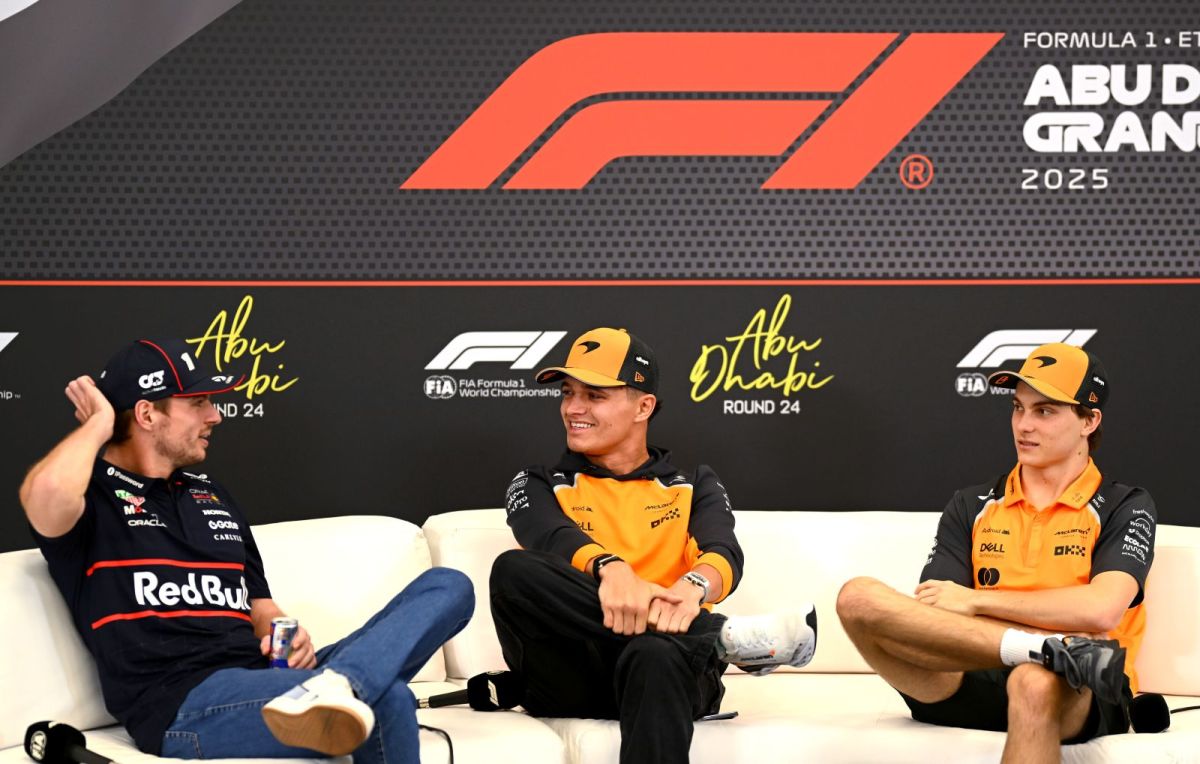 F1 2025, GP DE ABU DHABI, YAS MARINA, QUINTA-FEIRA, RED BULL CONTENT POOL, COLETIVA, MAX VERSTAPPEN, LANDO NORRIS, OSCAR PIASTRI
